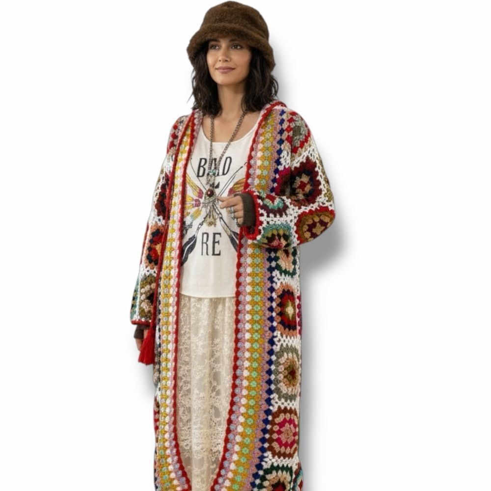 Floral Granny Square Crochet Hooded Cardigan - Boho Festival Maxi Duster NWT
